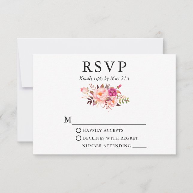 Elegant Watercolor Pink Floral Wedding RSVP Card (Front)