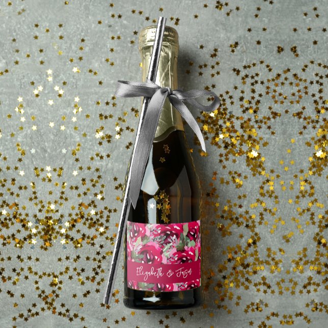 Elegant Watercolor Pink Flowers Wedding Mini Sparkling Wine Label (Elegant watercolor pink flowers mini sparkling wine labels personalized for your wedding)