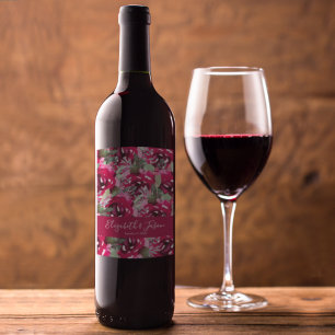 Elegant Watercolor Pink Flowers Wedding Wine Label
