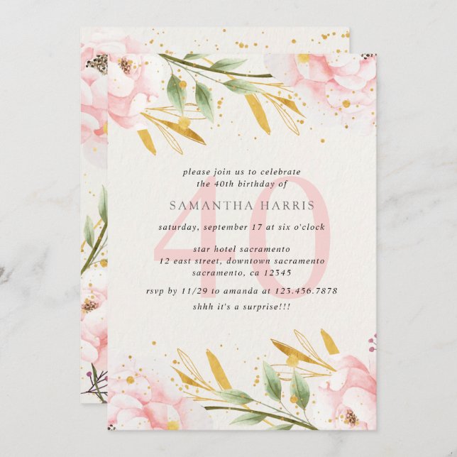 Elegant Watercolor Pink & Gold 40th Birthday Party Invitation (Front/Back)