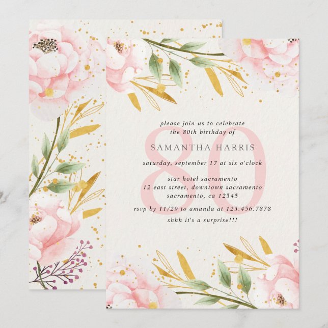 Elegant Watercolor Pink & Gold 80th Birthday Party Invitation (Front/Back)