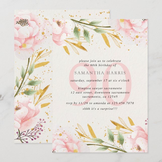 Elegant Watercolor Pink & Gold 90th Birthday Party Invitation (Front/Back)