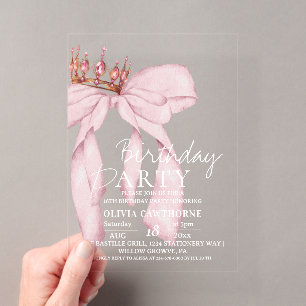 Elegant Watercolor Pink Gold Bow Birthday Party Acrylic Invitations