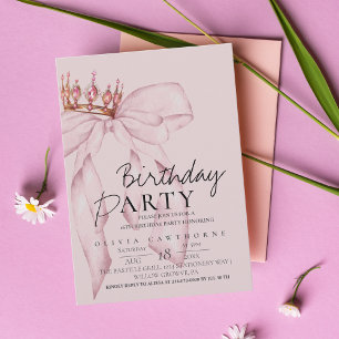 Elegant Watercolor Pink Gold Bow Birthday Party Invitation