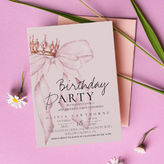 Elegant Watercolor Pink Gold Bow Birthday Party  Invitation