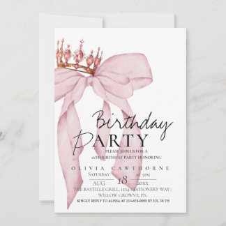 Elegant Watercolor Pink Gold Bow Birthday Party  Invitation