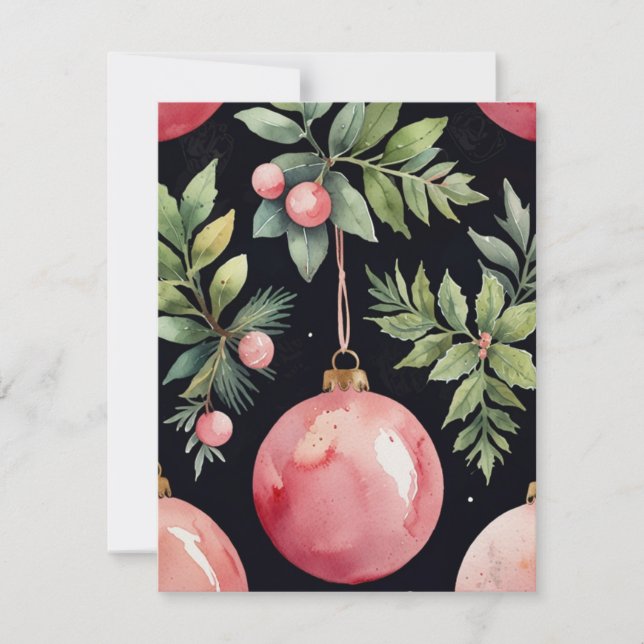 Elegant Watercolor Pink Greenery Bauble Christmas Holiday Card (Front)