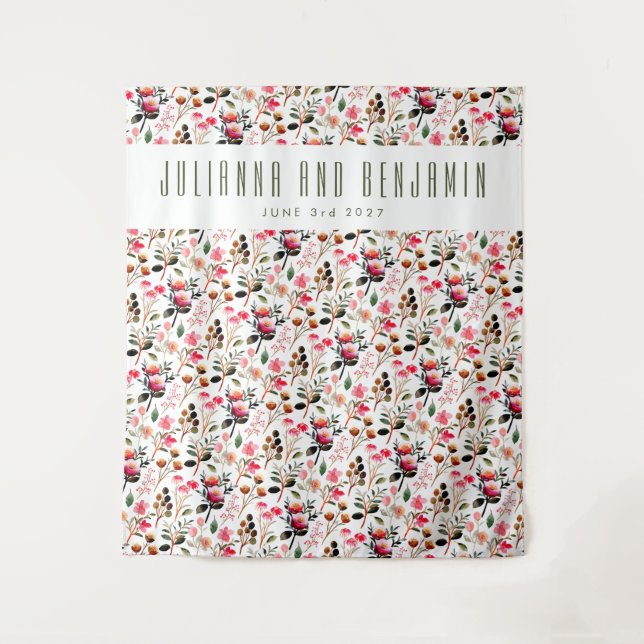 Elegant Watercolor Pink Greenery Custom Wedding Tapestry (Front)