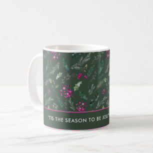 Elegant Watercolor Pink Holly Christmas Mug 