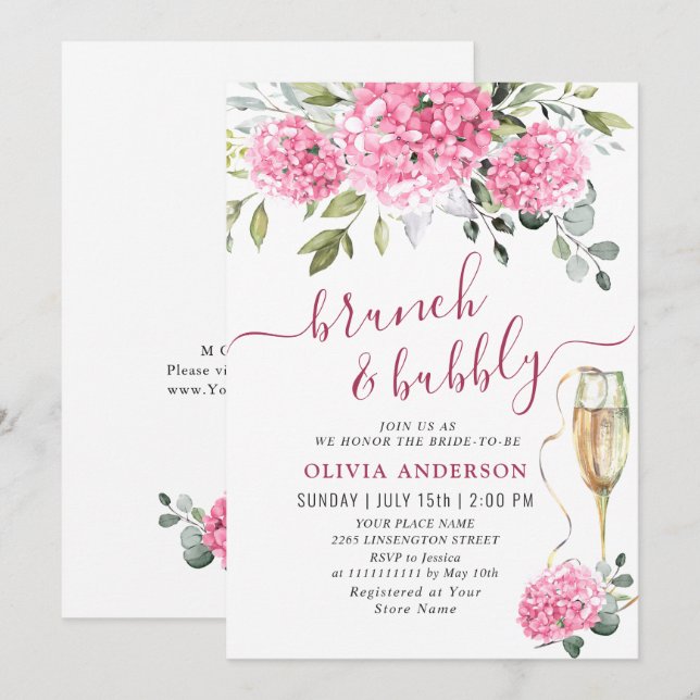 Elegant Watercolor Pink Hydrangea BRIDAL SHOWER Invitation (Front/Back)