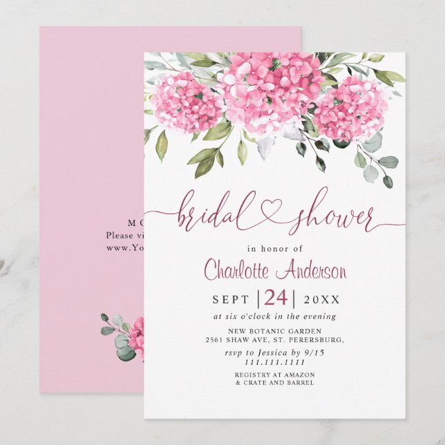 Elegant Watercolor Pink Hydrangea BRIDAL SHOWER Invitation (Front/Back)
