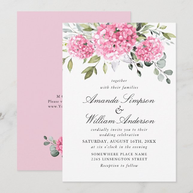Elegant Watercolor Pink Hydrangea Floral Wedding Invitation (Front/Back)