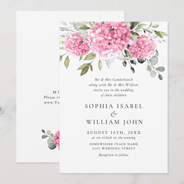 Elegant Watercolor Pink Hydrangea Floral Wedding Invitation (Front/Back)