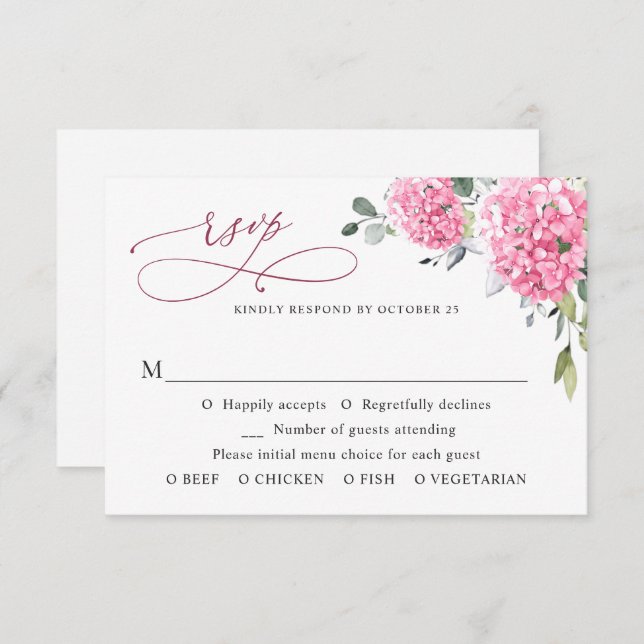 Elegant Watercolor Pink Hydrangea Floral Wedding RSVP Card (Front/Back)