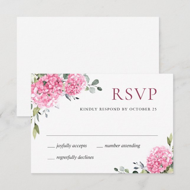 Elegant Watercolor Pink Hydrangea Floral Wedding RSVP Card (Front/Back)