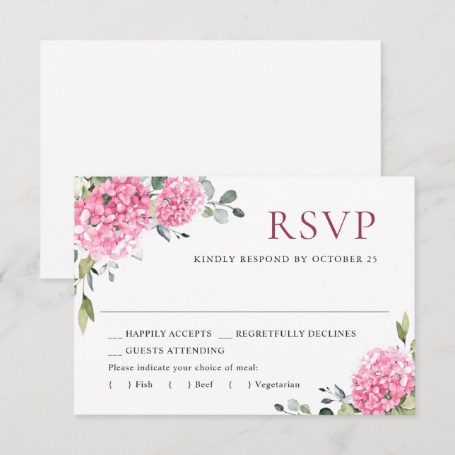 Elegant Watercolor Pink Hydrangea Floral Wedding RSVP Card (Front/Back)