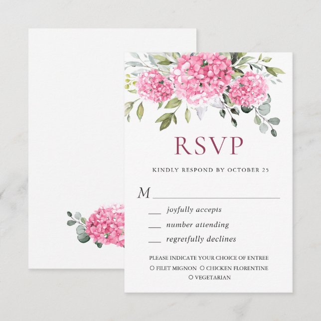 Elegant Watercolor Pink Hydrangea Floral Wedding RSVP Card (Front/Back)