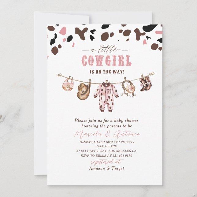 Elegant  Watercolor Pink Little Cowgirl Baby Showe Invitation (Front)