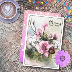 Elegant Watercolor Pink Magnolia Birthday Mom Card