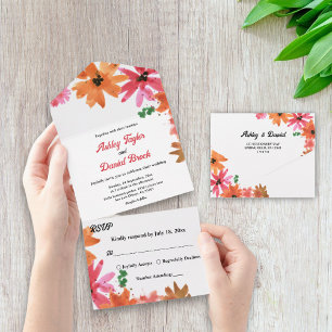 Elegant Watercolor Pink Orange Fall Floral Wedding All In One Invitation