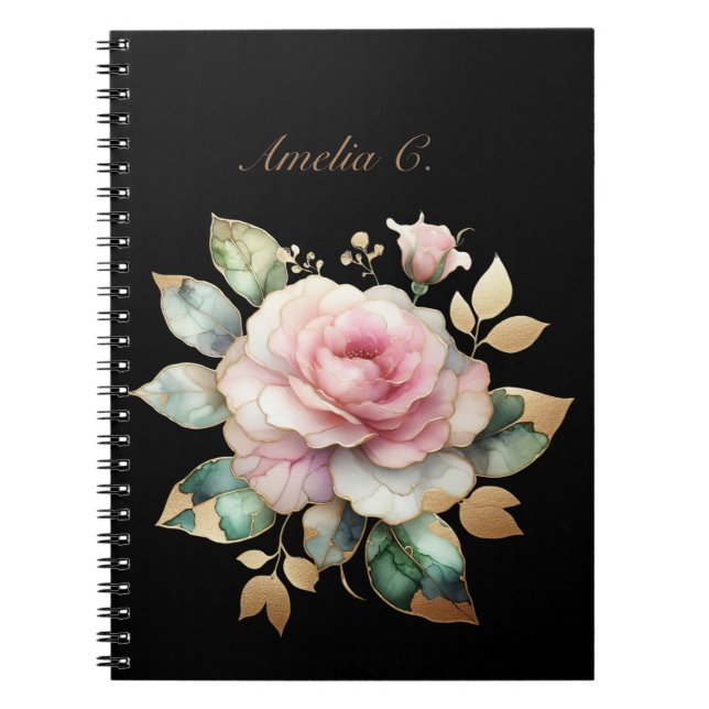 Elegant Watercolor Pink Rose Black  Notebook (Front)