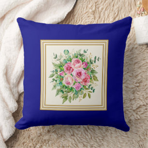 Elegant Watercolor Pink Rose Bouquet Red Throw Pillow