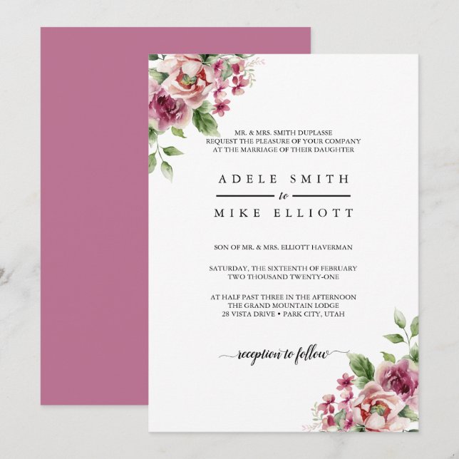 Elegant Watercolor Pink Rose Bouquet Wedding Invitation (Front/Back)