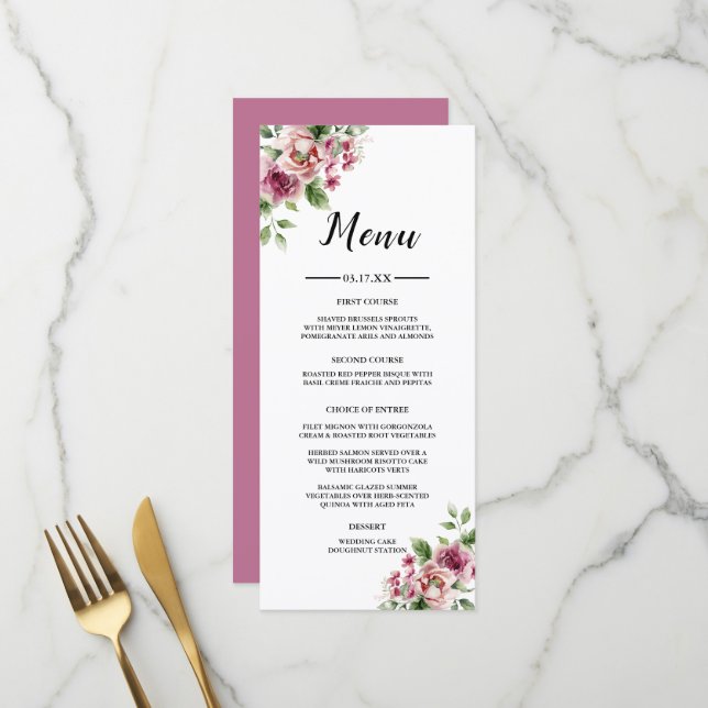 Elegant Watercolor Pink Rose Bouquet Wedding Menu (Front/Back In Situ)