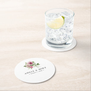 Elegant Watercolor Pink Rose Bouquet Wedding Round Paper Coaster