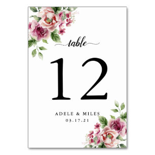 Elegant Watercolor Pink Rose Bouquet Wedding Table Number