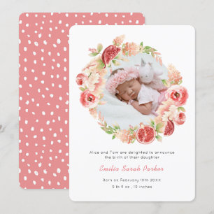 Elegant Watercolor Pink Rose Floral Photo Birth Announcement