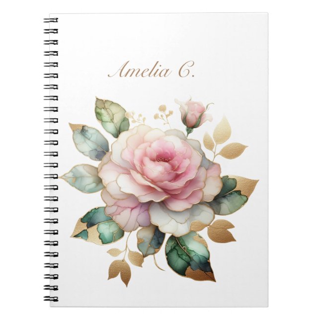 Elegant Watercolor Pink Rose White Notebook (Front)