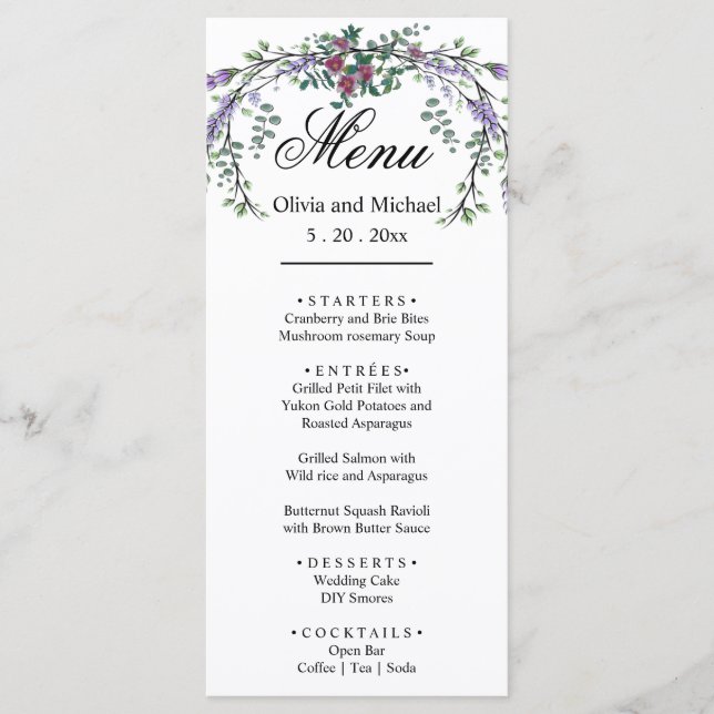 Elegant watercolor pink roses botanical lavender  menu (Front)