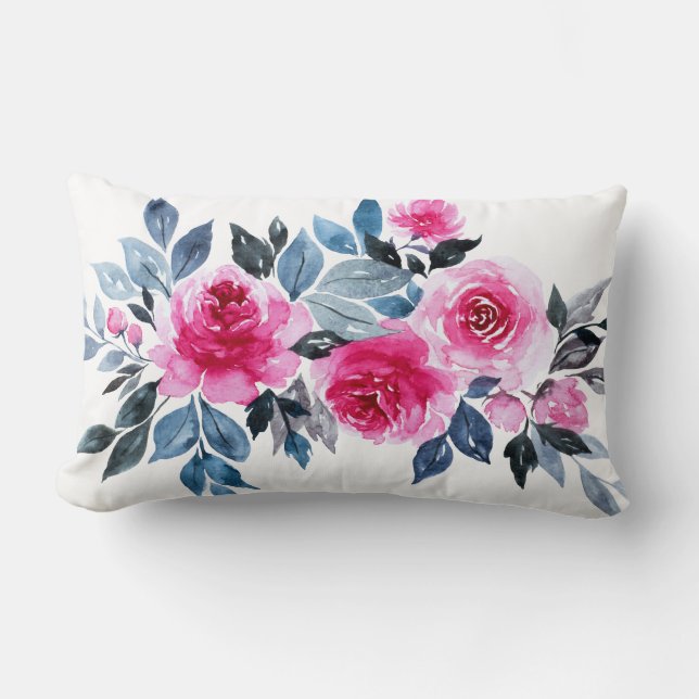 Elegant Watercolor Pink Roses Romantic Lumbar Pillow (Front)