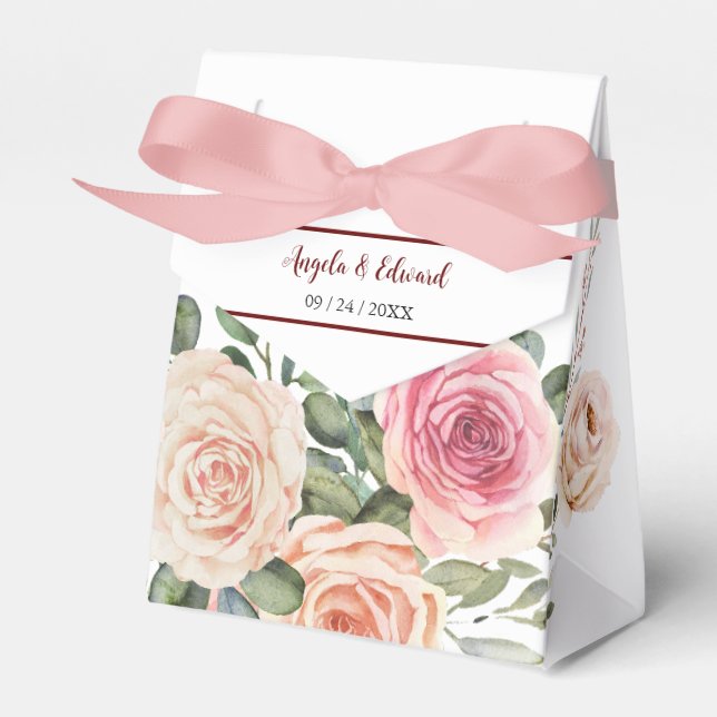 Elegant Watercolor Pink Roses Wedding Favor Box (Front Side)