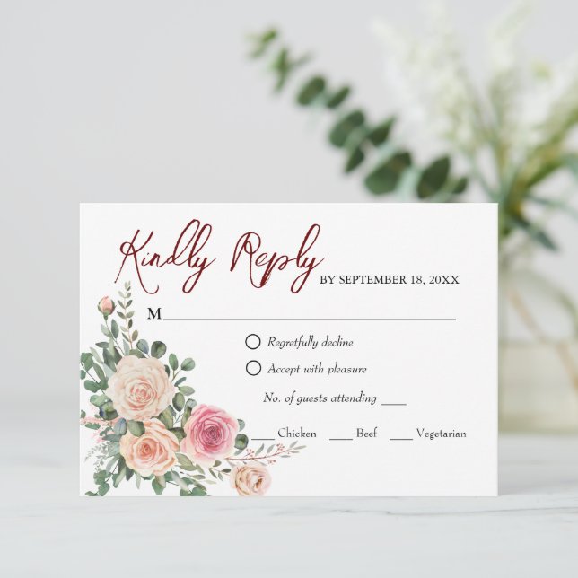 Elegant Watercolor Pink Roses Wedding RSVP Card (Standing Front)
