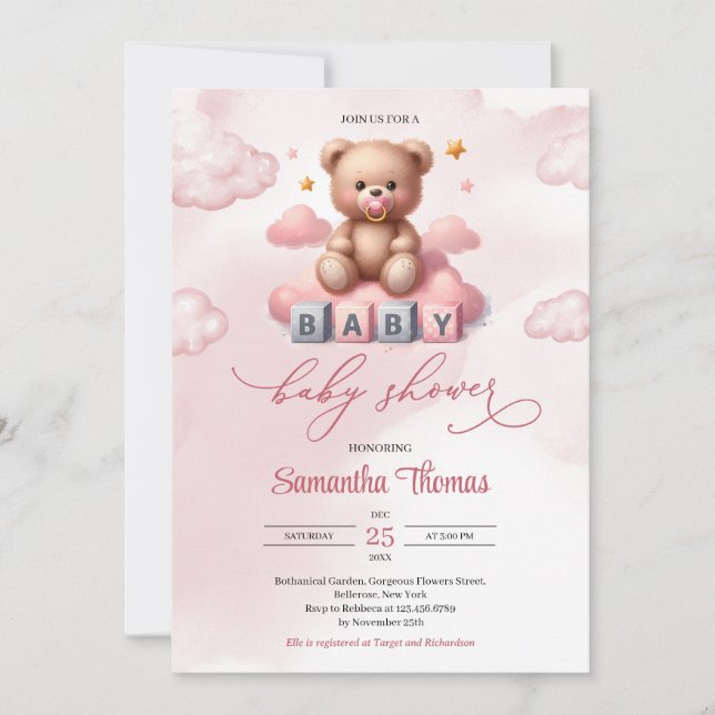 Elegant Watercolor pink teddy bear with pacifier Invitation (Front)
