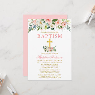 Elegant Watercolor Pink White Floral Gold Baptism Invitation