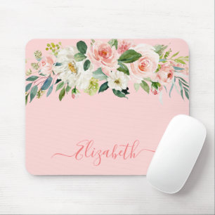 Elegant Watercolor Pink White Floral Trendy Script Mouse Pad