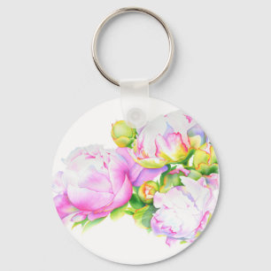 Elegant watercolor pink white florals peonies keychain