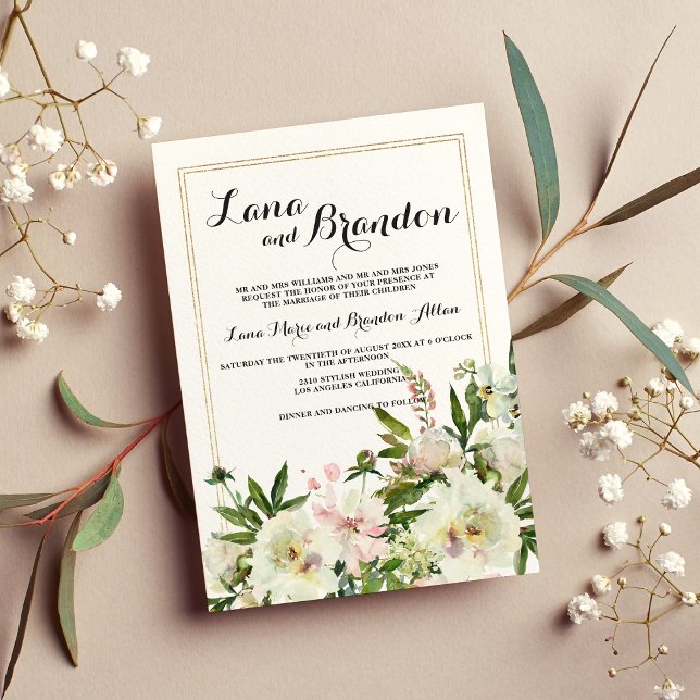 Elegant watercolor pink white gold floral wedding  invitation (Elegant watercolor pink white gold floral wedding)