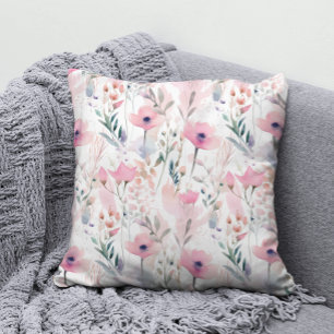 Elegant Watercolor Pink Wildflower Floral Pattern Throw Pillow