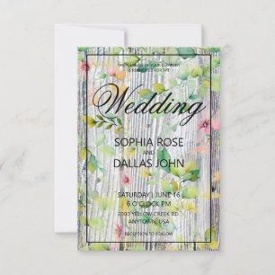 Elegant watercolor pink wildflowers barnwood invitation