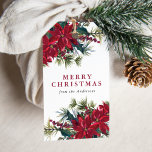 Elegant Watercolor Poinsettia Christmas Gift Tags<br><div class="desc">Personalized holiday gift tags featuring "Merry Christmas" in scarlet red text with your name or other custom text displayed below. Bouquets of watercolor poinsettias,  white flowers,  pine needles,  and holly berries adorn the corners. Designed to coordinate with our Elegant Watercolor Poinsettia holiday collection.</div>