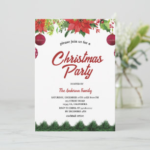 Elegant Watercolor Poinsettia Christmas Party Red Invitation