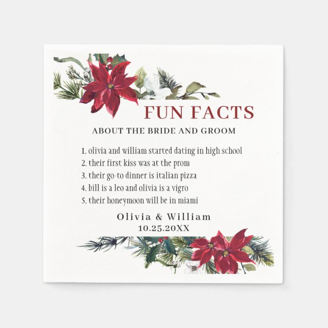 Elegant Watercolor Poinsettia FUN FACTS Wedding Napkin (Front)