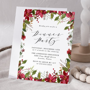 Elegant Watercolor Poinsettia Holiday Dinner Party Invitation