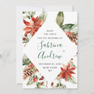 Elegant Watercolor Poinsettia Pine Branch Wedding Save The Date