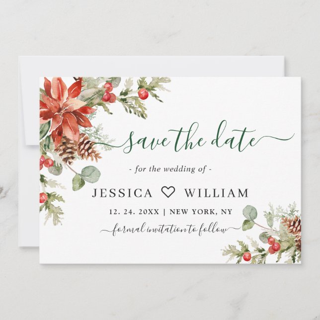Elegant Watercolor Poinsettia Pine Branch Wedding Save The Date (Front)