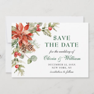 Elegant Watercolor Poinsettia Pine Branch Wedding Save The Date